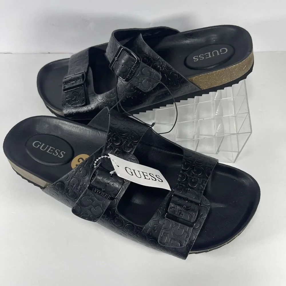 GUESS Men’s Double Strap Slide Sandals Black Logo Embossed Size 12M